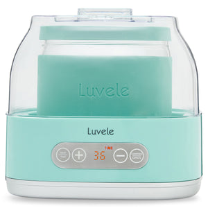 Turquoise yogurt maker with 'Luvele' branding on a white background