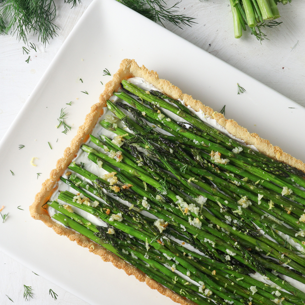 Roasted asparagus, dill labneh tart 