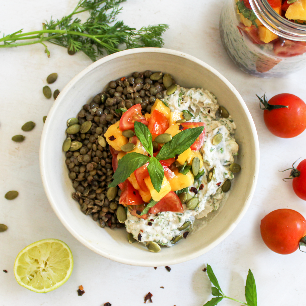 Yogurt raita lentil lunch bowl with mango salsa