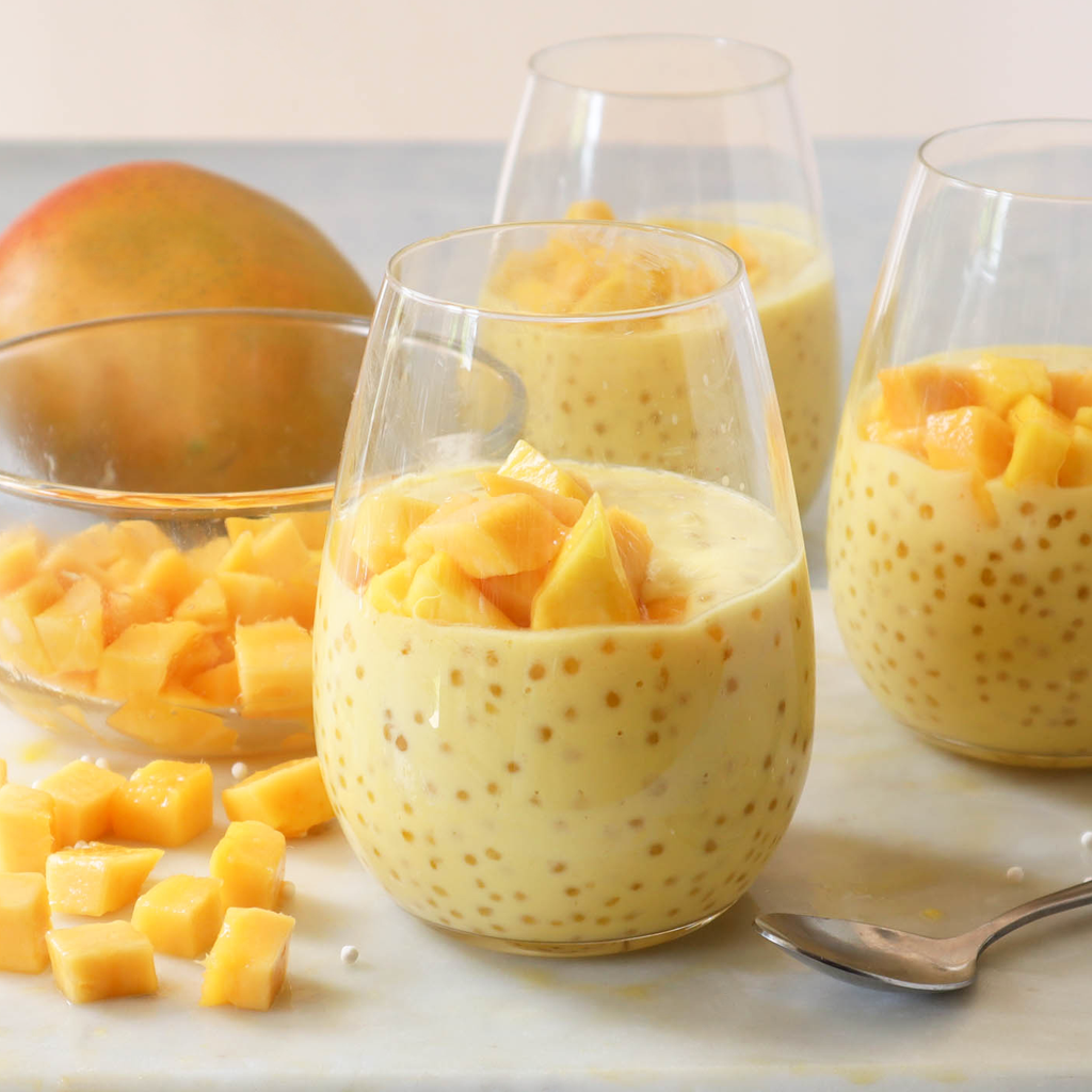 Mango and coconut tapioca puddings