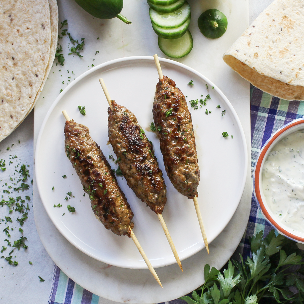 Moroccan kefta (kebab) with herb yogurt