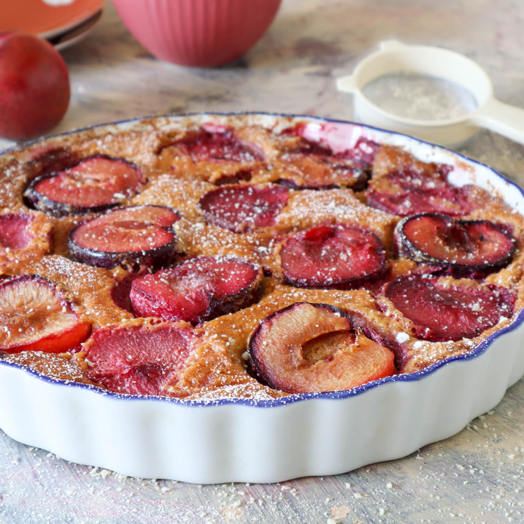 Plum clafoutis (baked custard flan)