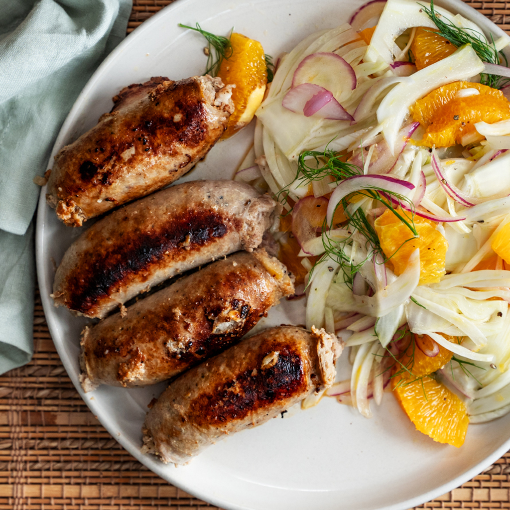 Homemade pork, apple and fennel sausages