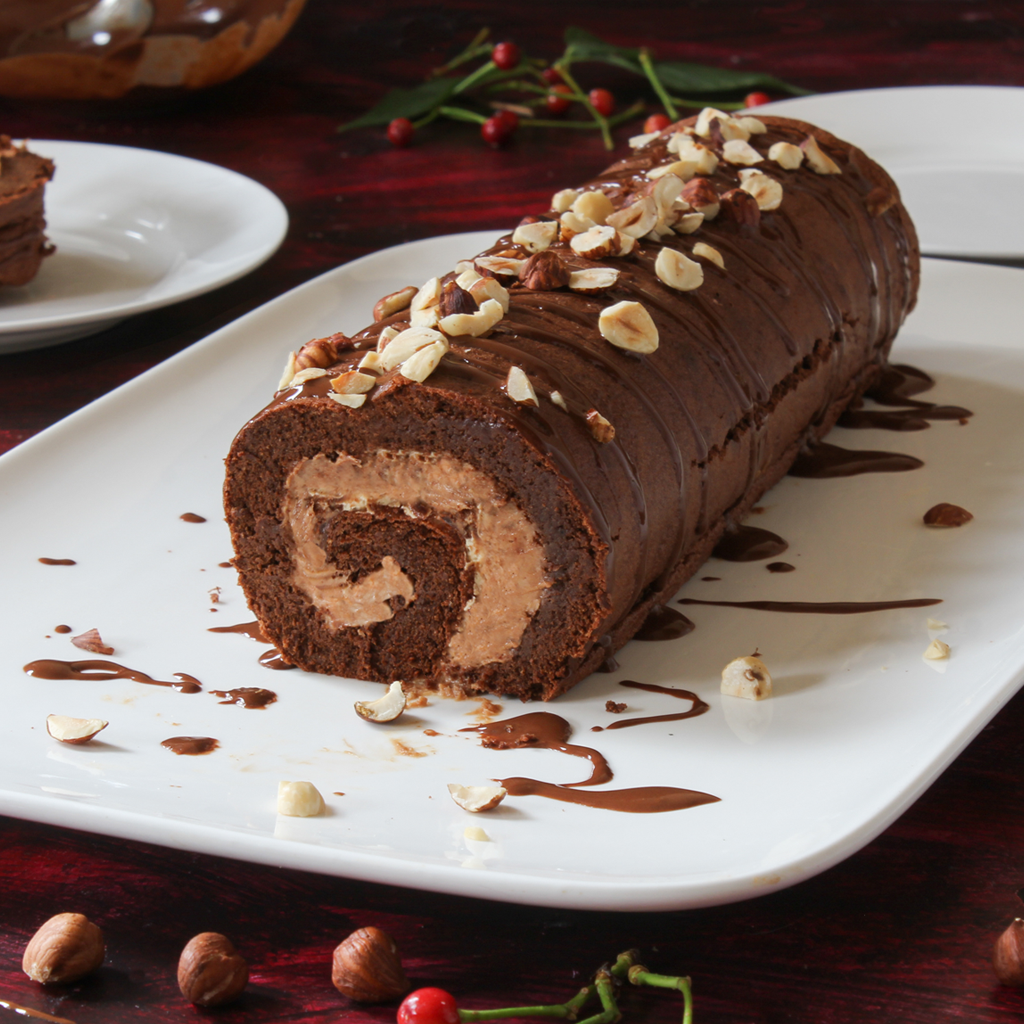 Chocolate roulade with hazelnut mousse