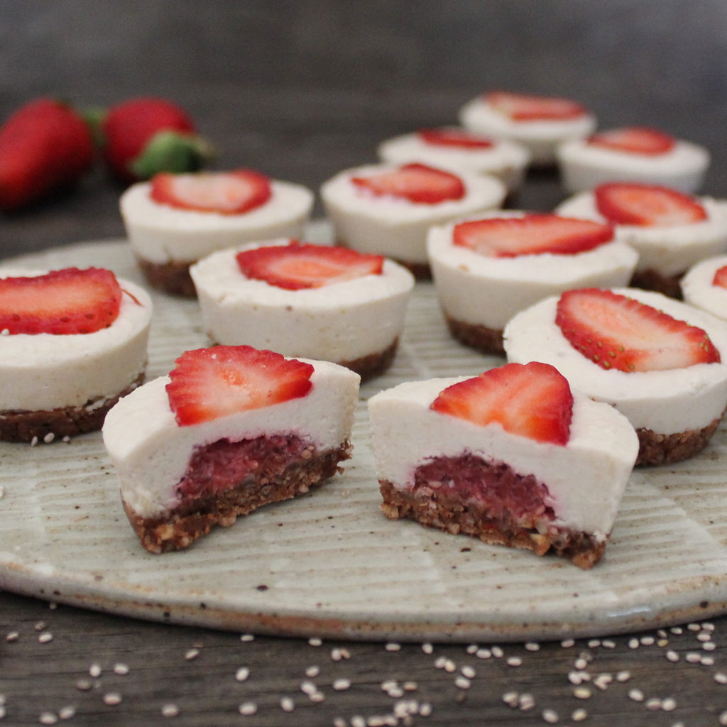 Raw coconut yogurt & strawberry chia jam cheesecakes