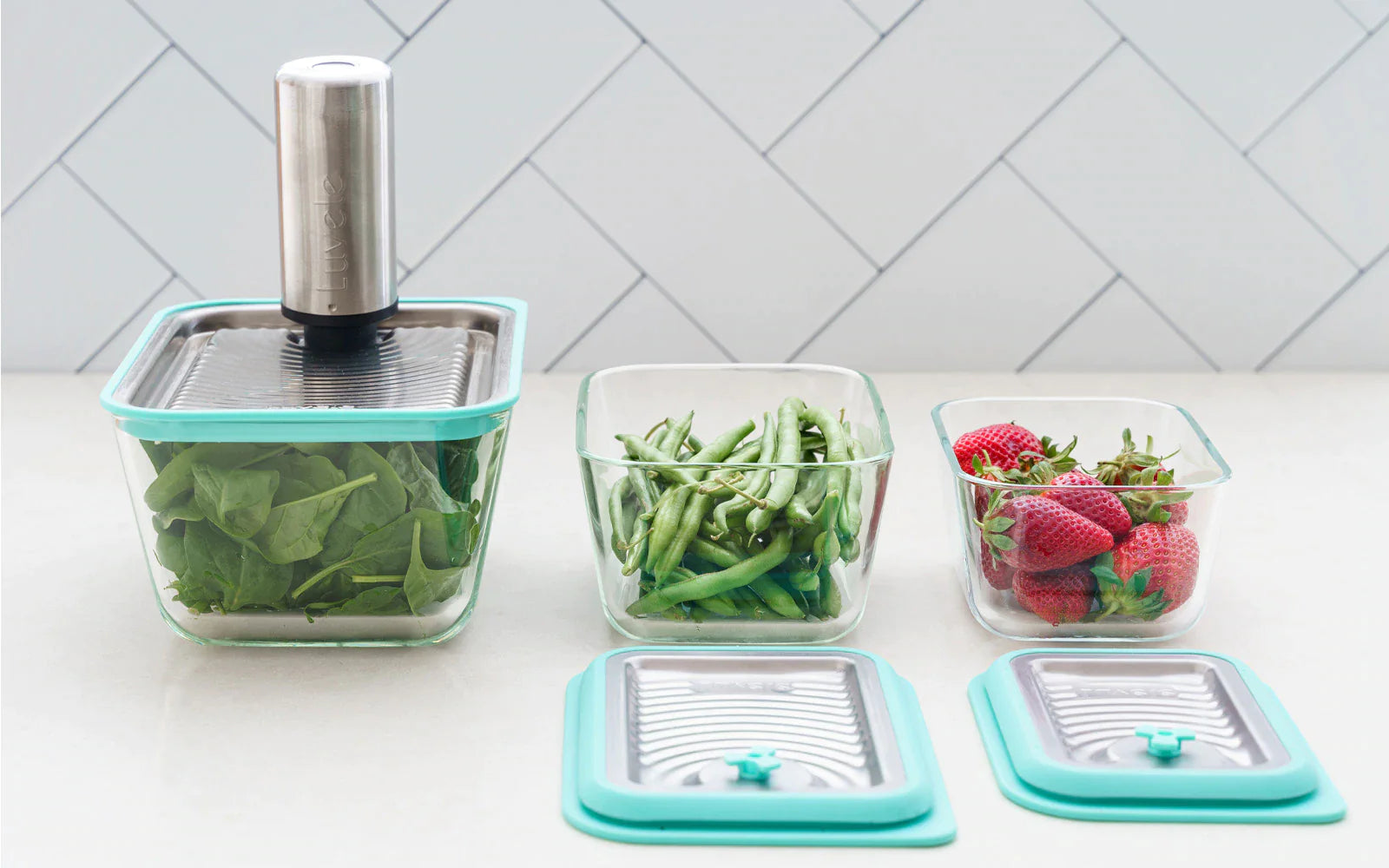 LUVELE GLASS VACUUM FOOD CONTAINER FOUR PIECE SET MEAL PREP